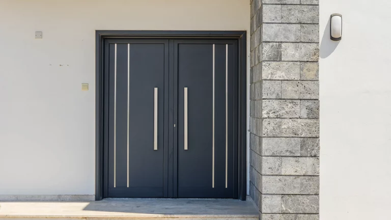 Moderne, zweiflügelige Haustür mit klarer Linienführung, integrierten Designelementen und hochwertiger Verarbeitung im Eingangsbereich eines Wohnhauses.