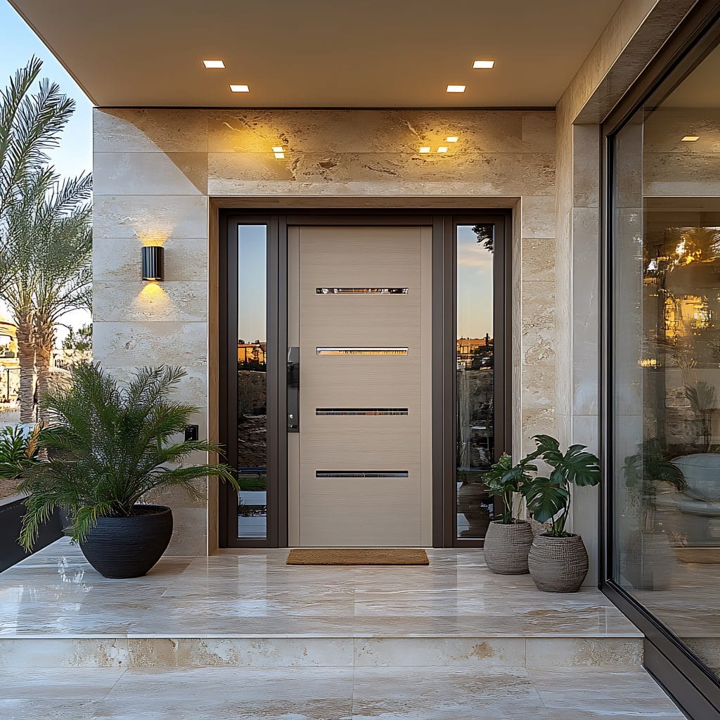 Moderne Haustür mit seitlichen Glaselementen, hochwertiger Verarbeitung und klarer Linienführung im Eingangsbereich eines Wohnhauses.
