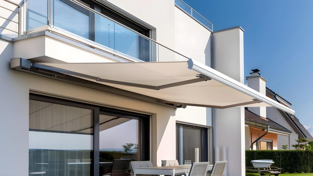 Außenliegende Markise an einer modernen Hausfassade zur effektiven Beschattung von Terrasse und Wohnbereich.
